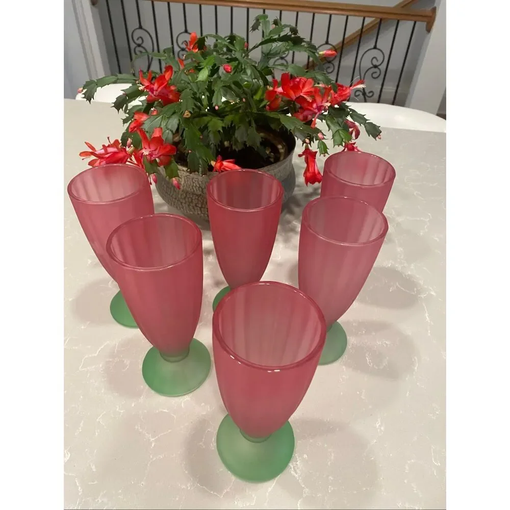 Vintage Libbey Ka-Dinks Parfait Glasses frosted pink bowl and green foot Set of
